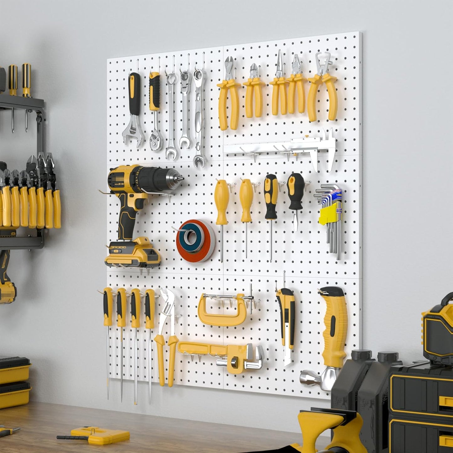 Spampur Peg Board, 4 Pack Metal Pegboard Panels with 50 Hooks, Black Pegboards Wall Organizer, Heavy Duty Peg Board for Walls Home, Garage Tool Storage, Office Organization, Craft Room, Kitchen