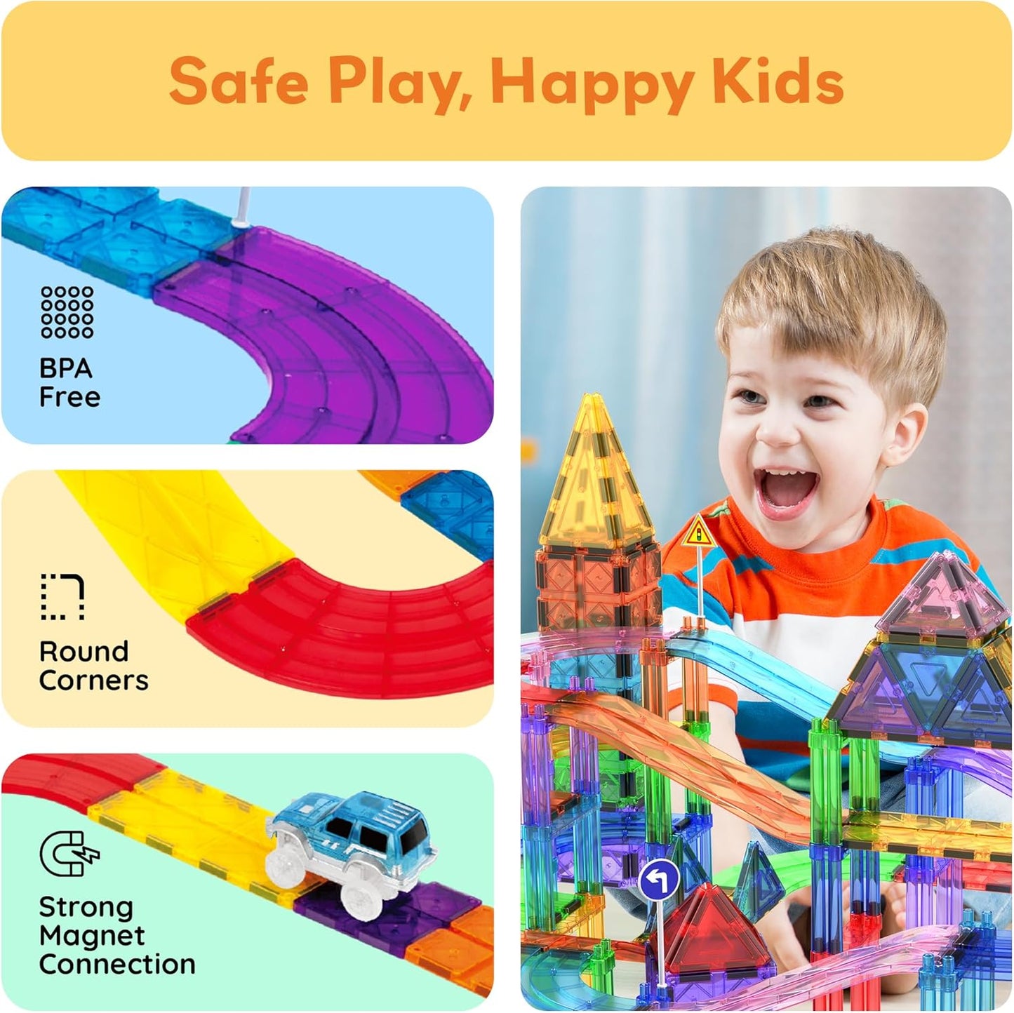 PicassoTiles 50pc Racecar Track Magnetic Tiles Educational Kids Toy with 2 Light Up Trucks STEM Preschool Learning Magnet Tile Toddler Toys Boys Girls Ages 3+ Blocks Game Puzzles Build Playset PTR50