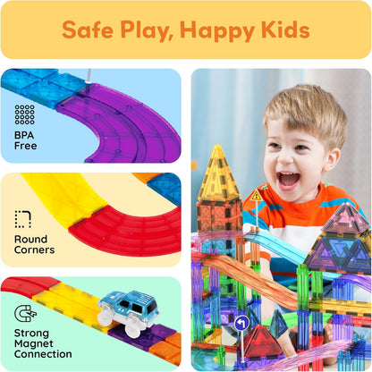 PicassoTiles 50pc Racecar Track Magnetic Tiles Educational Kids Toy with 2 Light Up Trucks STEM Preschool Learning Magnet Tile Toddler Toys Boys Girls Ages 3+ Blocks Game Puzzles Build Playset PTR50
