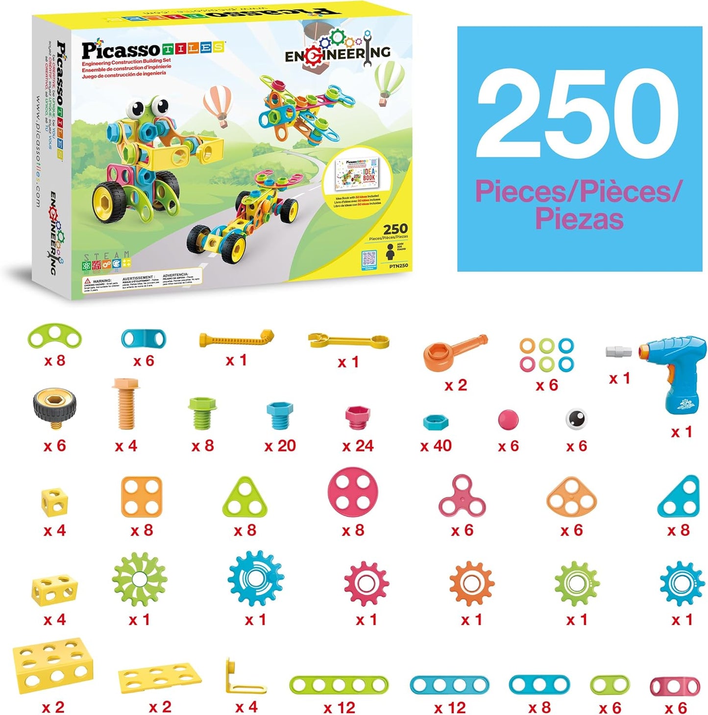 PicassoTiles 152pc STEM Construction Toy Building Set for Kids Ages 3+ Includes Power Drill, Ratchet, Idea Book, Storage Box Educational Engineering Science Kit & Sensory Toys for Boys & Girls PTN152