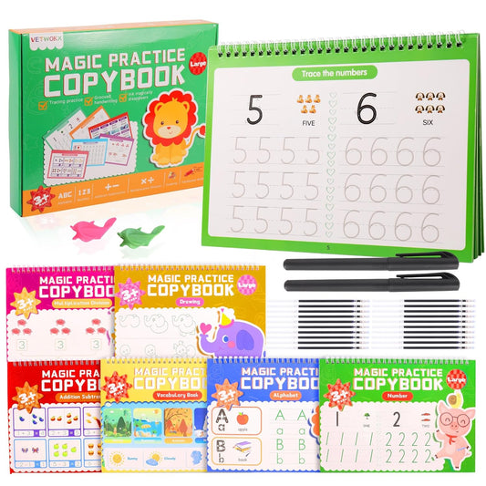 6 Pack Large Grooved Handwriting Copybooks,10.2 x 7.4 In Magic Writing Practice Workbooks with Pens,Reusable Alphabet,Numbers Tracing Books,Kindergarten Preschool Learning Activities