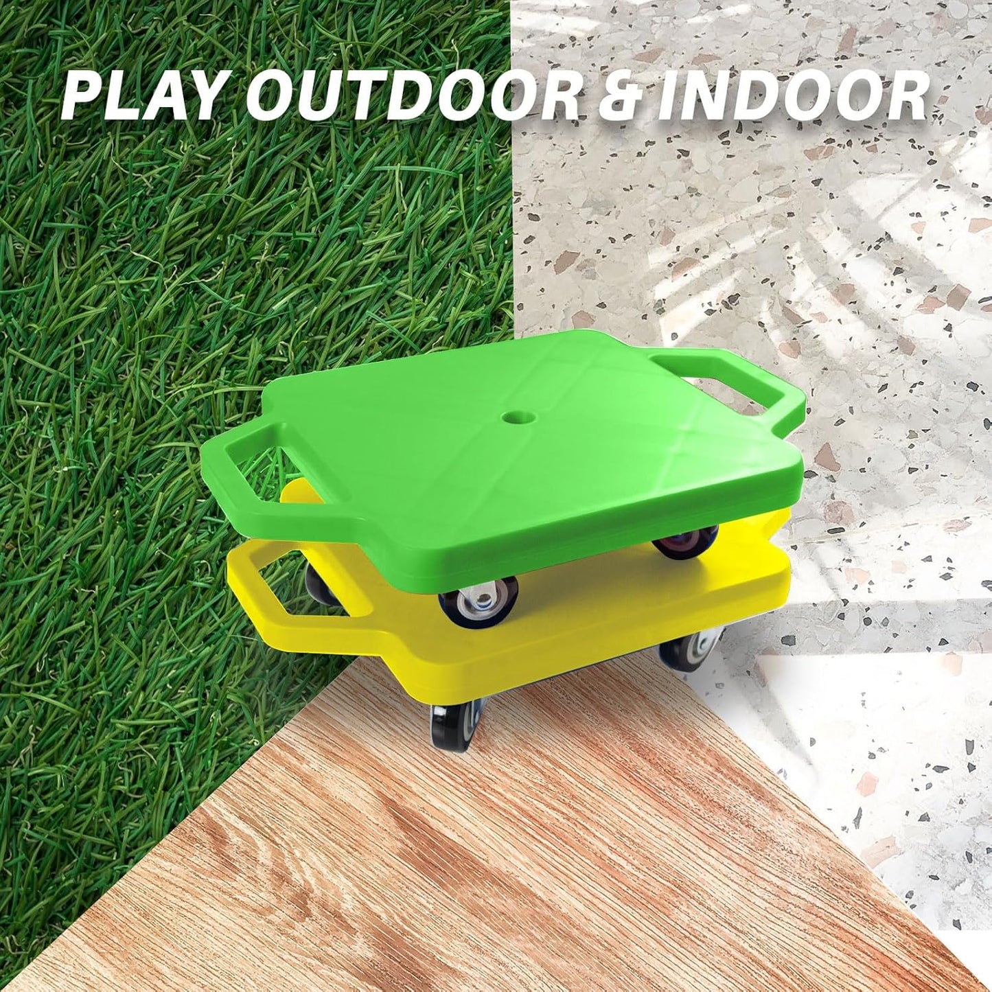 2 Plastic Scooter Boards with Handles for Kids Sitting and Sports Training, with 1 Ring, 2 Ropes and 4 Beanbags, Indoor and Outdoor Play