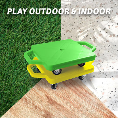 2 Plastic Scooter Boards with Handles for Kids Sitting and Sports Training, with 1 Ring, 2 Ropes and 4 Beanbags, Indoor and Outdoor Play