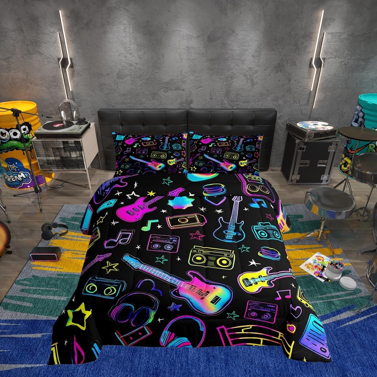 Erosebridal Drum Kit 3D Print Kids Comforter Sets Rock Music Themed Full Bedding Set for Boys Girls Musical Pattern Comforter Set,Colorful Retro Style Quilt Duvet 3 Pcs