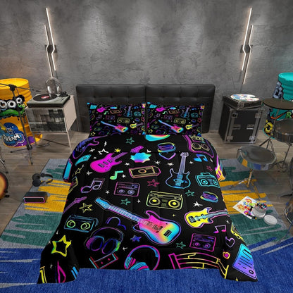 Erosebridal Drum Kit 3D Print Kids Comforter Sets Rock Music Themed Full Bedding Set for Boys Girls Musical Pattern Comforter Set,Colorful Retro Style Quilt Duvet 3 Pcs
