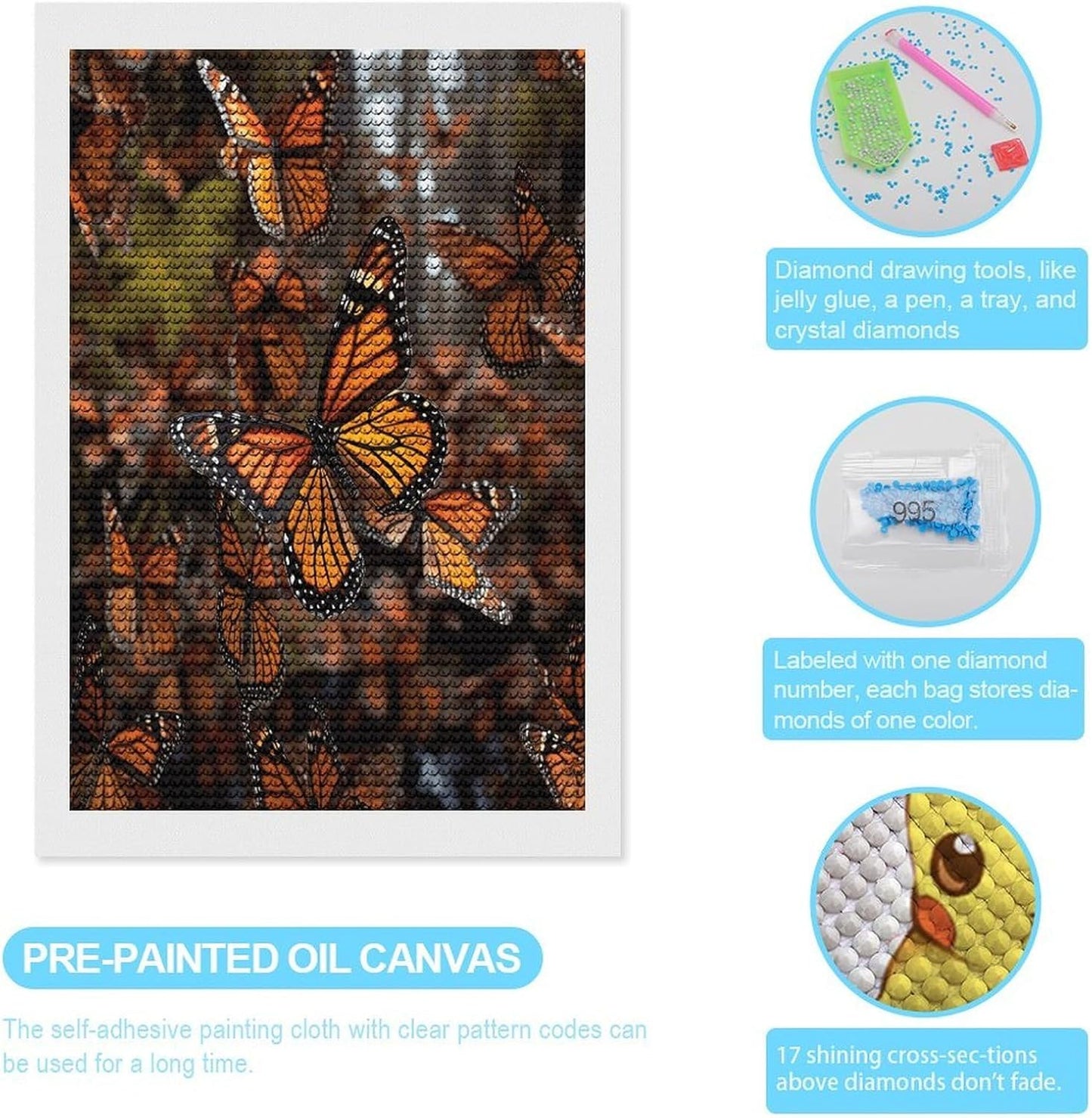 VstaDank Monarch Butterflies Diamond Painting Kits Exquisite DIY Full Round Drill Diamond Dots Painting for Adults Beginner Diamond Photo Paint with Diamond Picture Art Wall Decor 12"x20"
