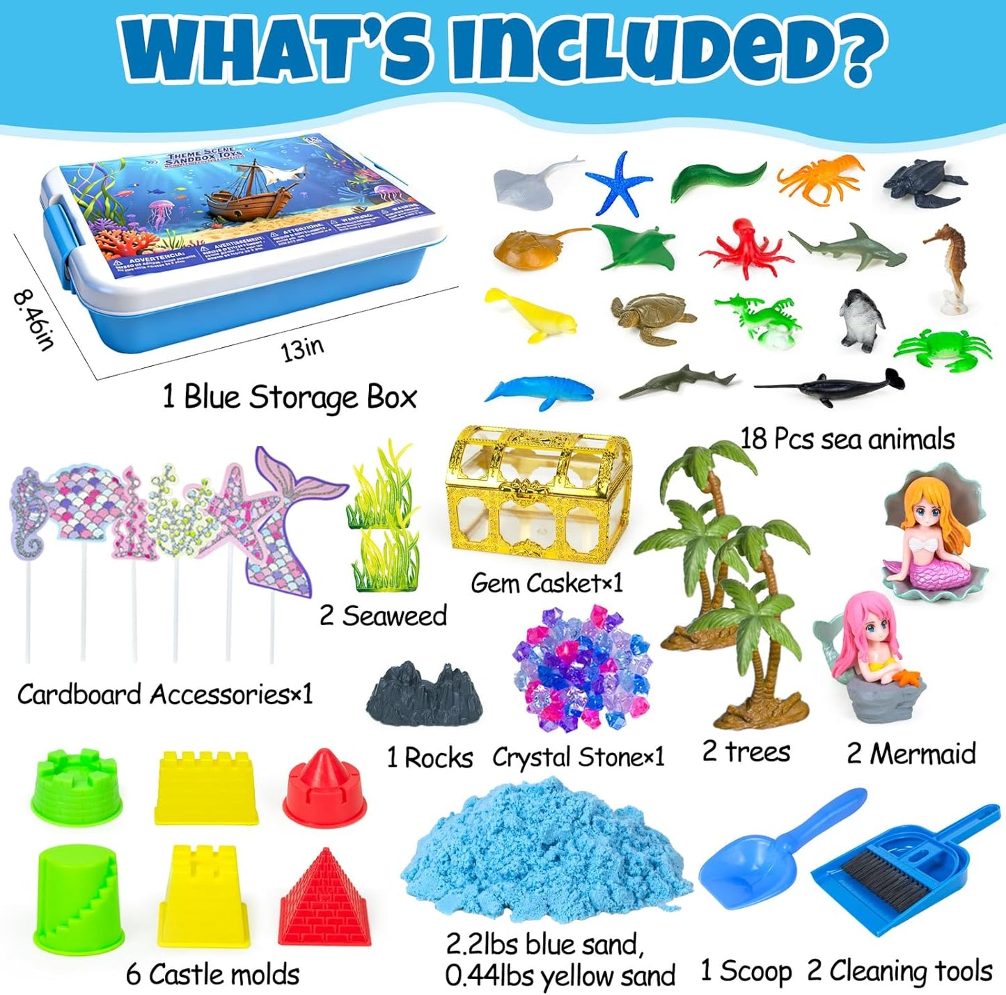 Sensory Bin, 48Pcs Unicorn Sandbox with Lid Play Sand Art Kits for Girls Toddlers Sensory Toys with Magic Sand, Unicorns, Mermaid, Cleaning Tools, Birthday Gifts for Kids Age 3 4 5 6 7 8