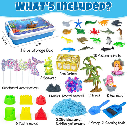 Sensory Bin, 48Pcs Unicorn Sandbox with Lid Play Sand Art Kits for Girls Toddlers Sensory Toys with Magic Sand, Unicorns, Mermaid, Cleaning Tools, Birthday Gifts for Kids Age 3 4 5 6 7 8