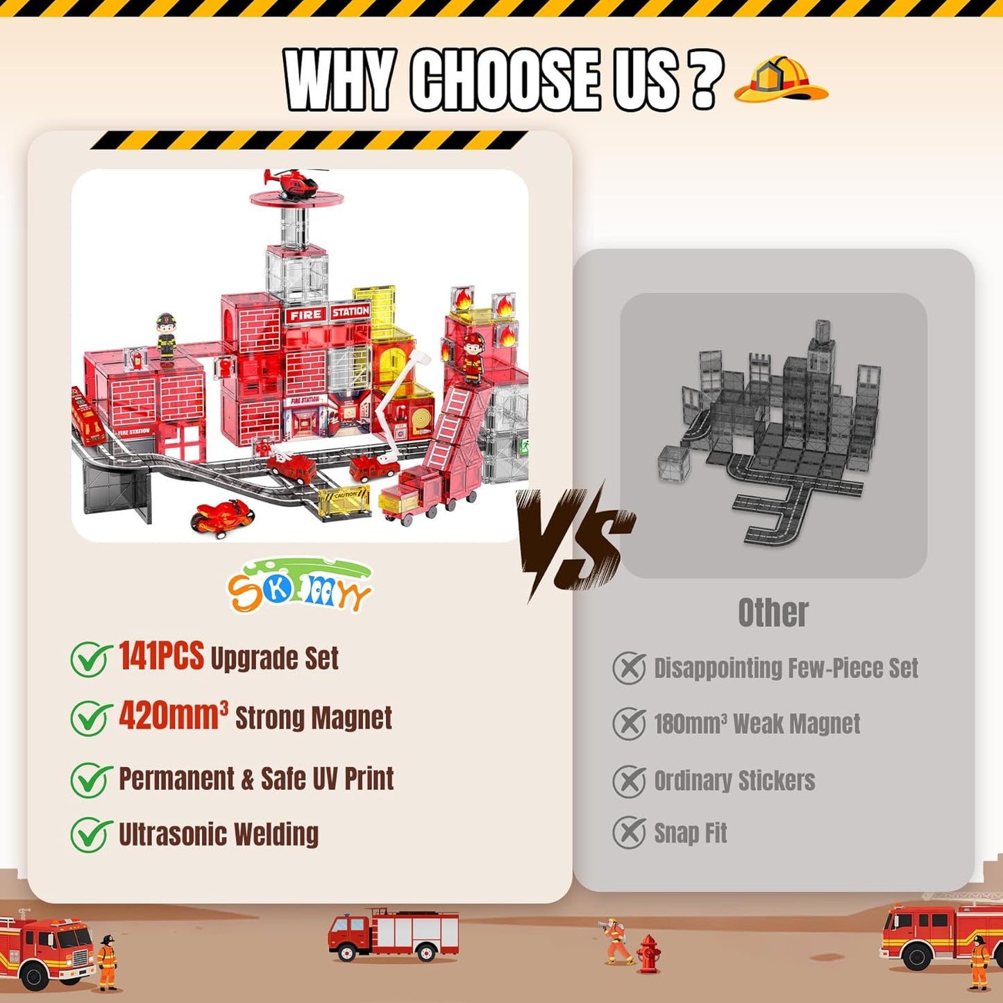 SKTMYY Magnetic Tiles Construction Toys with Road & Crane & Marble Run, Double-Sided Fire Station & Building Magnet Tiles for Kids Ages 4-8, STEM Magnetic Blocks Gifts for 3 4 5 6 7 8 Year Old Boys