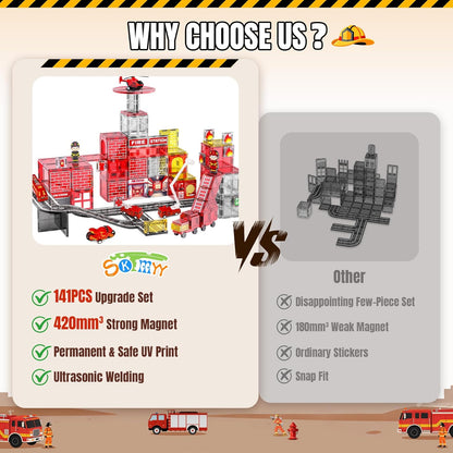SKTMYY Magnetic Tiles Construction Toys with Road & Crane & Marble Run, Double-Sided Fire Station & Building Magnet Tiles for Kids Ages 4-8, STEM Magnetic Blocks Gifts for 3 4 5 6 7 8 Year Old Boys