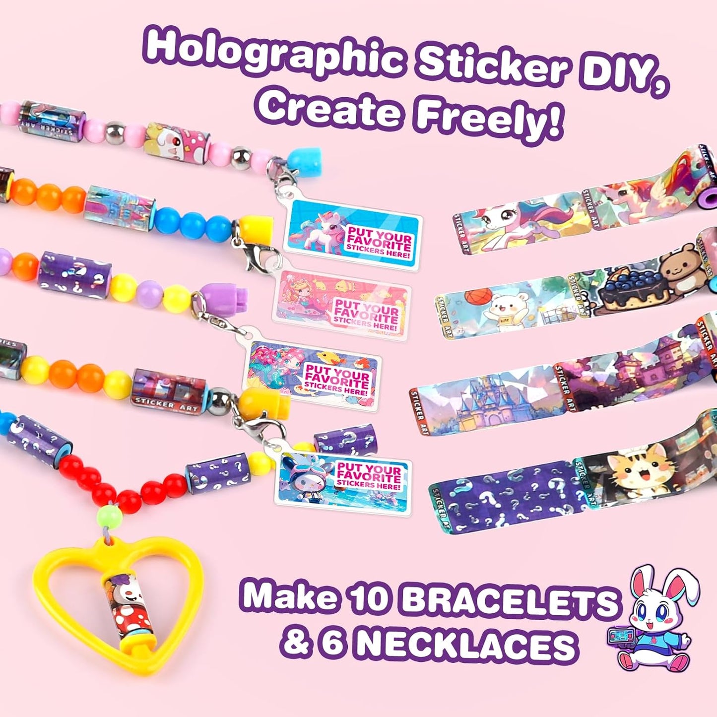 Plunack DIY Sticker Jewelry Making Kits Bracelets for Kids, Stickers Set, Includes Beads & Charms & Pendants, 320Pcs Mini Holographic Stickers, Bracelet Making Kit for Girls 6-12 Birthday Gift