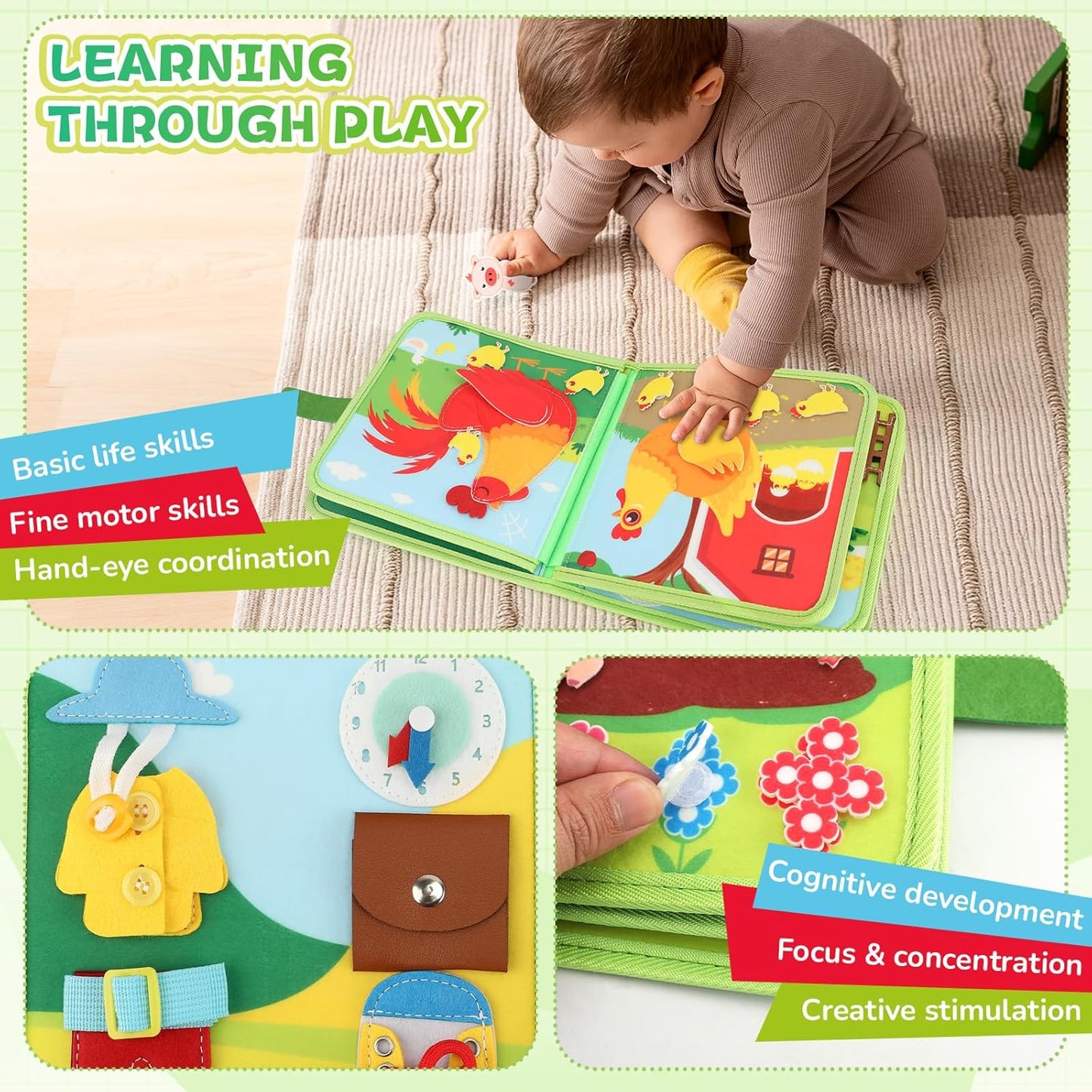 Busy Book for Toddlers 1-3, 25 in 1 Farm Busy Board Montessori Toys for Travel, Birthday Gifts for Boys and Girls, Learning Activity Book for Fine Motor Skills