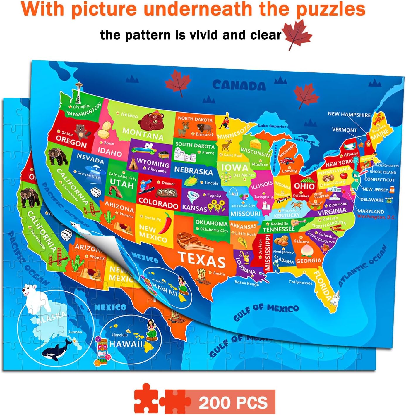 United States Map Puzzle for Kids Ages 6-8 8-10 10-12 - 200 Piece Floor Jigsaw with Poster - Educational USA Geography Jigsaw with 50 States & Capitals - Large Map Puzzle STEM Gift for Boys and Girls