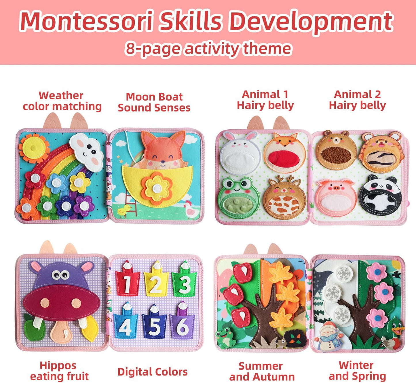 Montessori Busy Book, Suitable for Toddlers Aged 1-3, Felt Sensory Activity Book, Children's Travel Toy, Quiet Book Busy Board, Birthday Gift for Boys and Girls