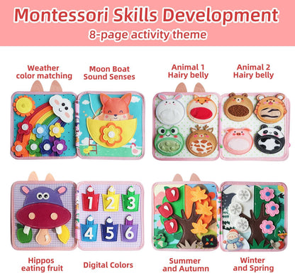 Montessori Busy Book, Suitable for Toddlers Aged 1-3, Felt Sensory Activity Book, Children's Travel Toy, Quiet Book Busy Board, Birthday Gift for Boys and Girls