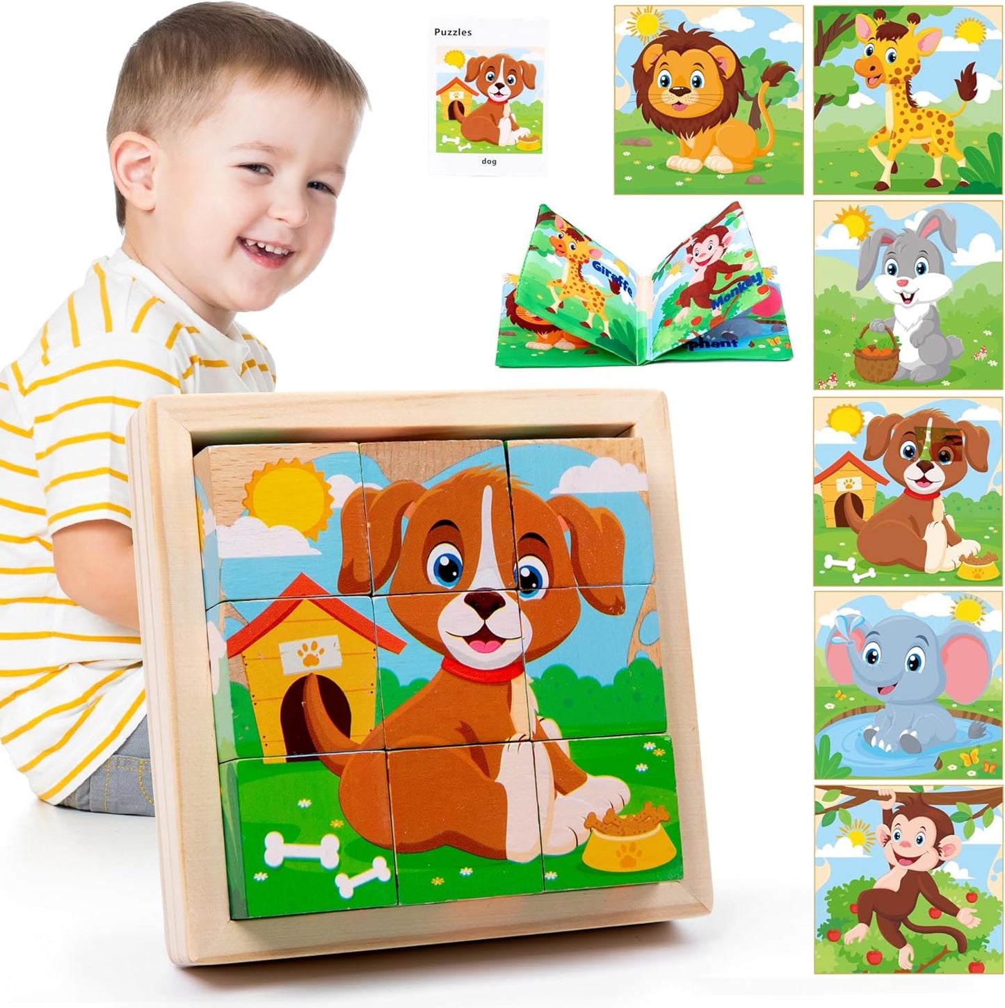 Wooden Dinosaur Block Puzzles for Kids Ages 3-5 with Baby Book, Jigsaw Puzzles Preschool Educational Interactive Toys Gift for Boys Girls, Wood Dino Cube Puzzles for Toddlers 2 3 4 5 6 Years Old