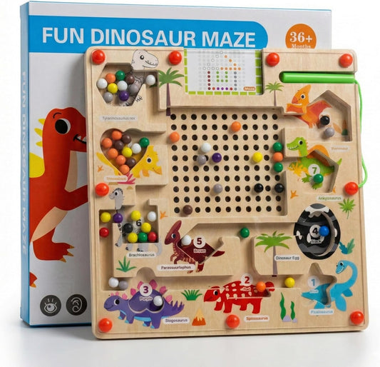 Magnetic Color and Number Maze for Toddlers, Wooden Dinosaur Counting Sorting Board with 20 Patterns Cards, Montessori Fine Motor Skills Toys for 3 4 5 Year Old Boys Girls Kids Gift