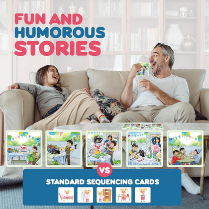 SkillEase Story Cues and Story Cues 2 Bundle, Higher Level Sequencing Cards, Speech Therapy Materials, Social Skills Game, Sentence Building and Picture Cards
