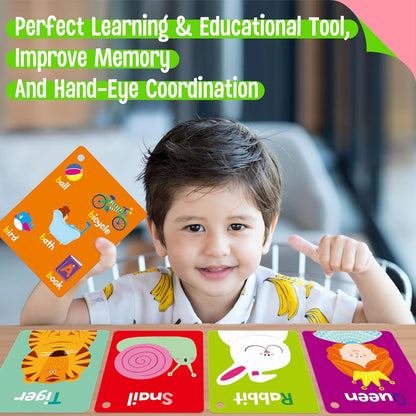 50 PCS Kid First Cognitive Flashcards,Double Sided Printed 7 in 1 Colorful Cards Alphabet,Numbers, Foods,Animals,Shapes,Colors with 3 Reclosable Rings,Learning Tool for Pre-K Kindergarten Toddlers