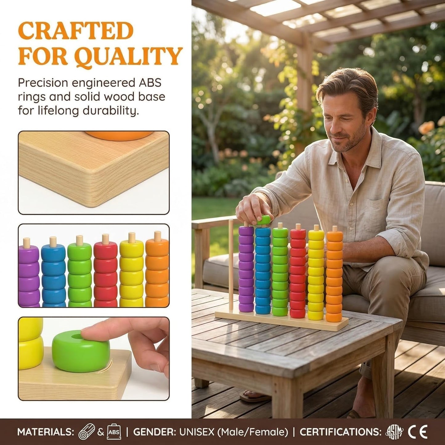 Color Stack Match Game for Adults,Fast Pattern Tabletop Puzzle Challenge with Wooden Stacking Rings, Competitive Brains Teaser Activity for Family Night Strategy Pattern Play (Bead)
