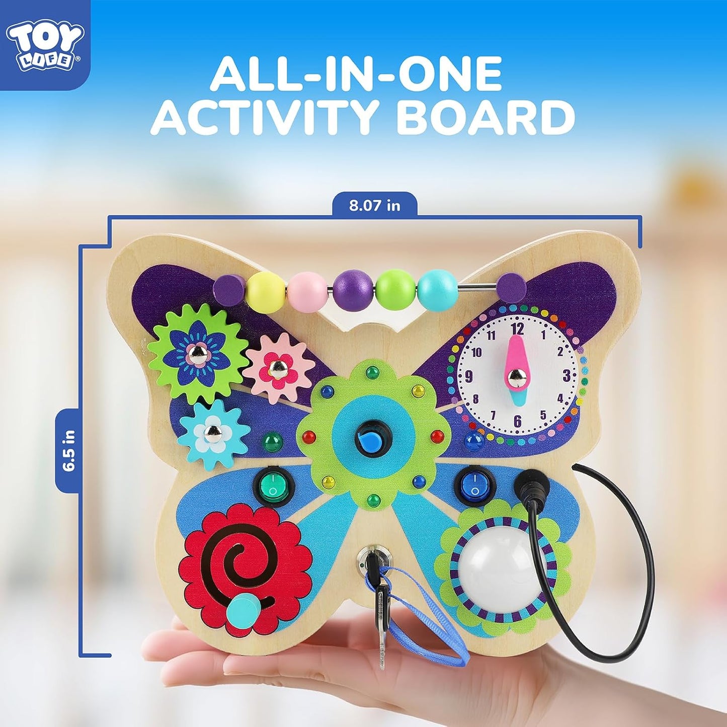 TOY Life Toddler Montessori Busy Board, Wooden Butterfly Sensory Board Toys with LED Light Up Switchs, Baby Busy Fidget Boards Travel Toys, Easter Birthday Gifts for 1+ Year Old Kids Girls Boys