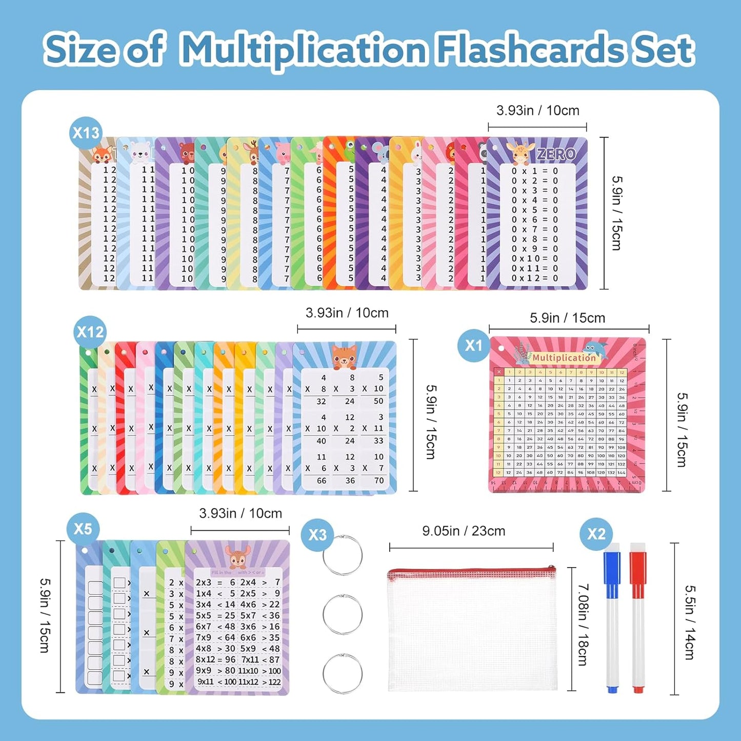 13 Pcs Multiplication Flashcards 0-12, Times Table Flash Cards Multiplication Chart Multiplications Game Math Flashcards for 1st to 3rd Grades