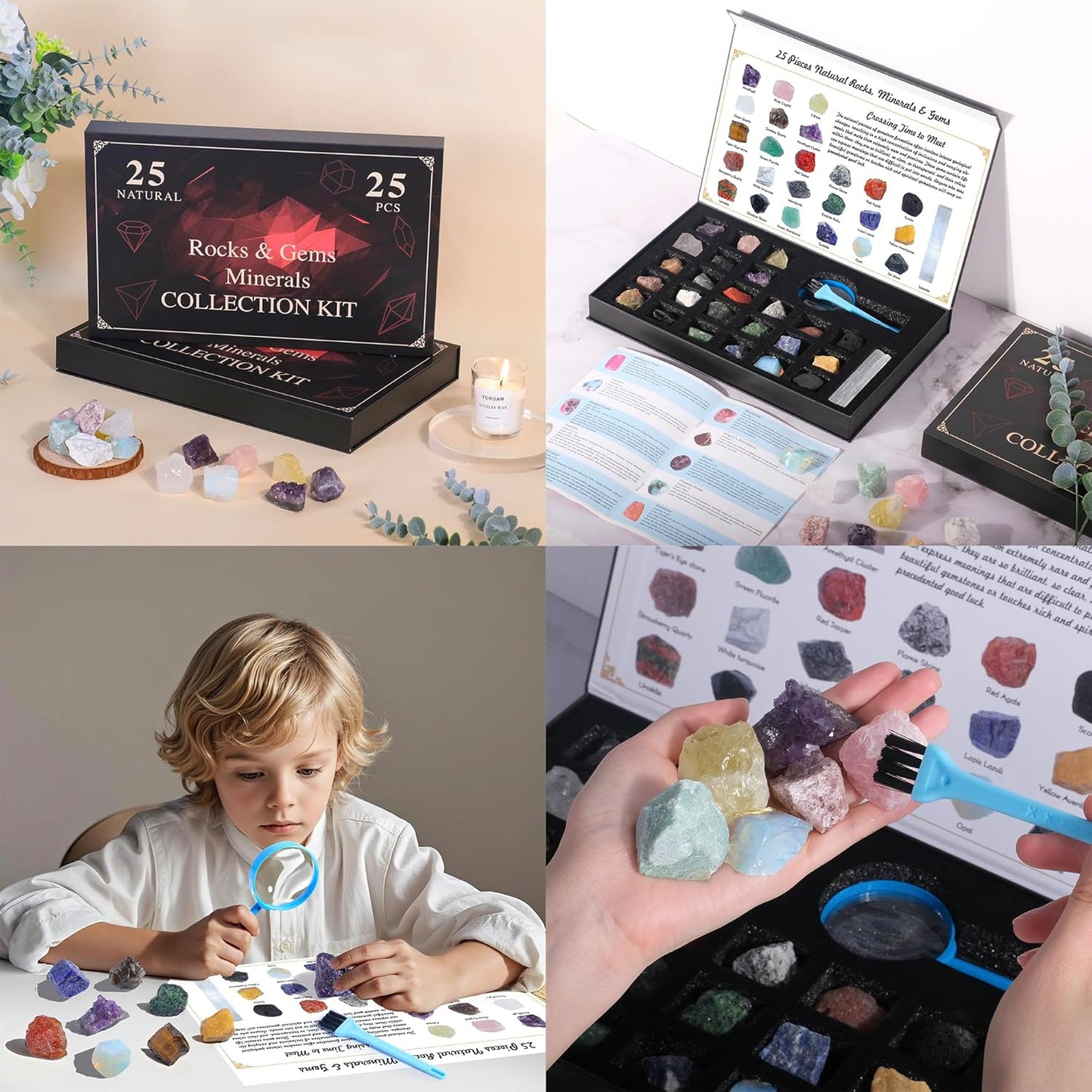 Rock Collection for Kids, 25PCS Crystal Gem Mineral Collection Set Box Gift for Boys and Girls, Natural Gemstone with Learning Guide Education Set