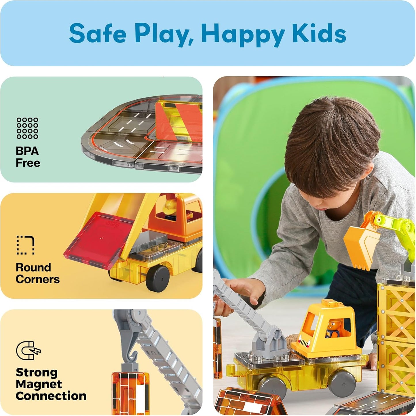 PicassoTiles Magnet Tile Construction Themed Building Blocks 5-in-1 Crane, Ladder, Dump Truck, Excavator, and Backhoe Action Figures, 2 Car Base Vehicles Magnetic Tiles Learning Toys Kids Ages3+ PTU06