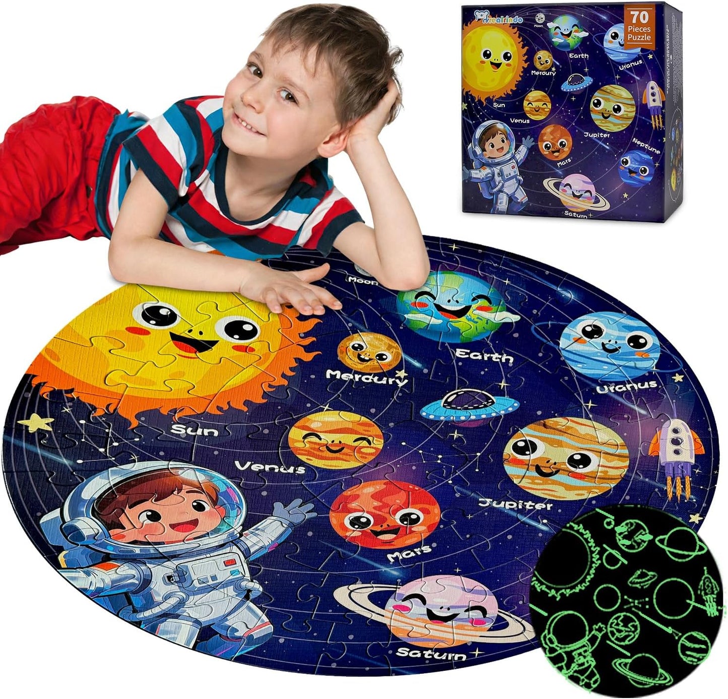 Floor Puzzles for Kids Ages 4-6 70 Piece Glow in The Dark Solar System Puzzles 3-5 Space Planets Toys Large Jigsaw Puzzle Learning Educational Toy Birthday Gift for Boys Girls Ages 6-8