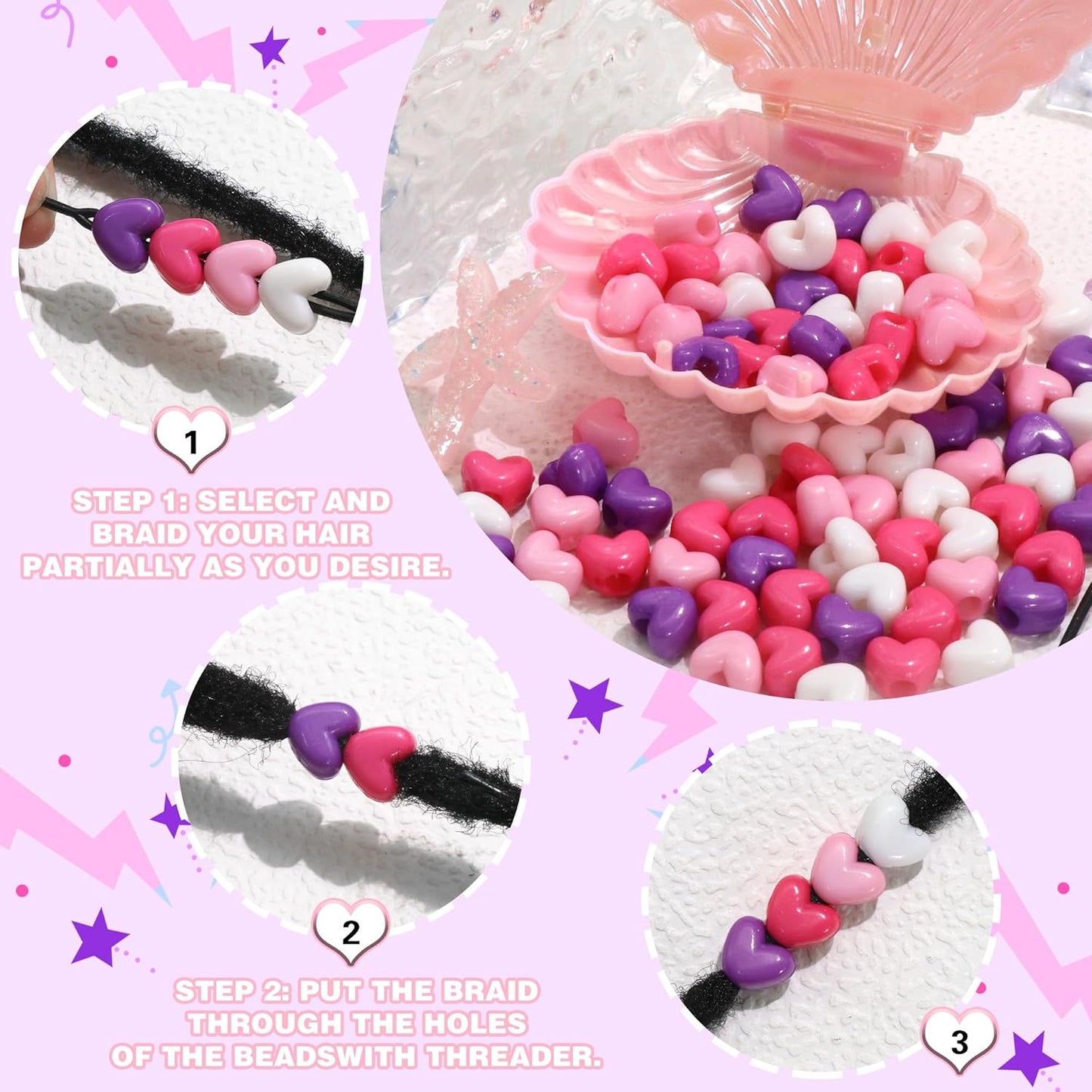 90PCS Heart Hair Beads for Braids Blue Pink Loc Dreadlock Valentine's Day Bead Accessories Purple Cute Acrylic Heart Shape Beads for Kids Girls