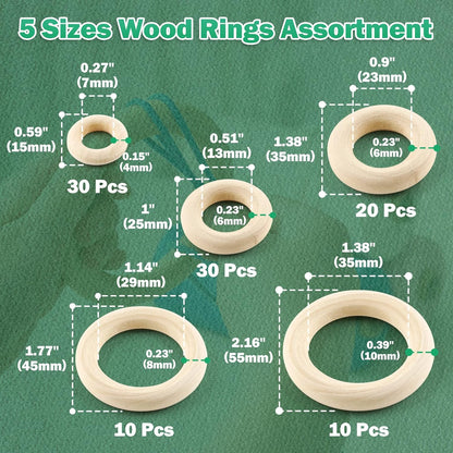 100pcs 5 Sizes Natural Wood Rings, Unfinished Solid Wooden Hoops, Smooth Wooden Rings for Craft, Jewelry Making, DIY Pendant Connectors (Assorted Sizes)