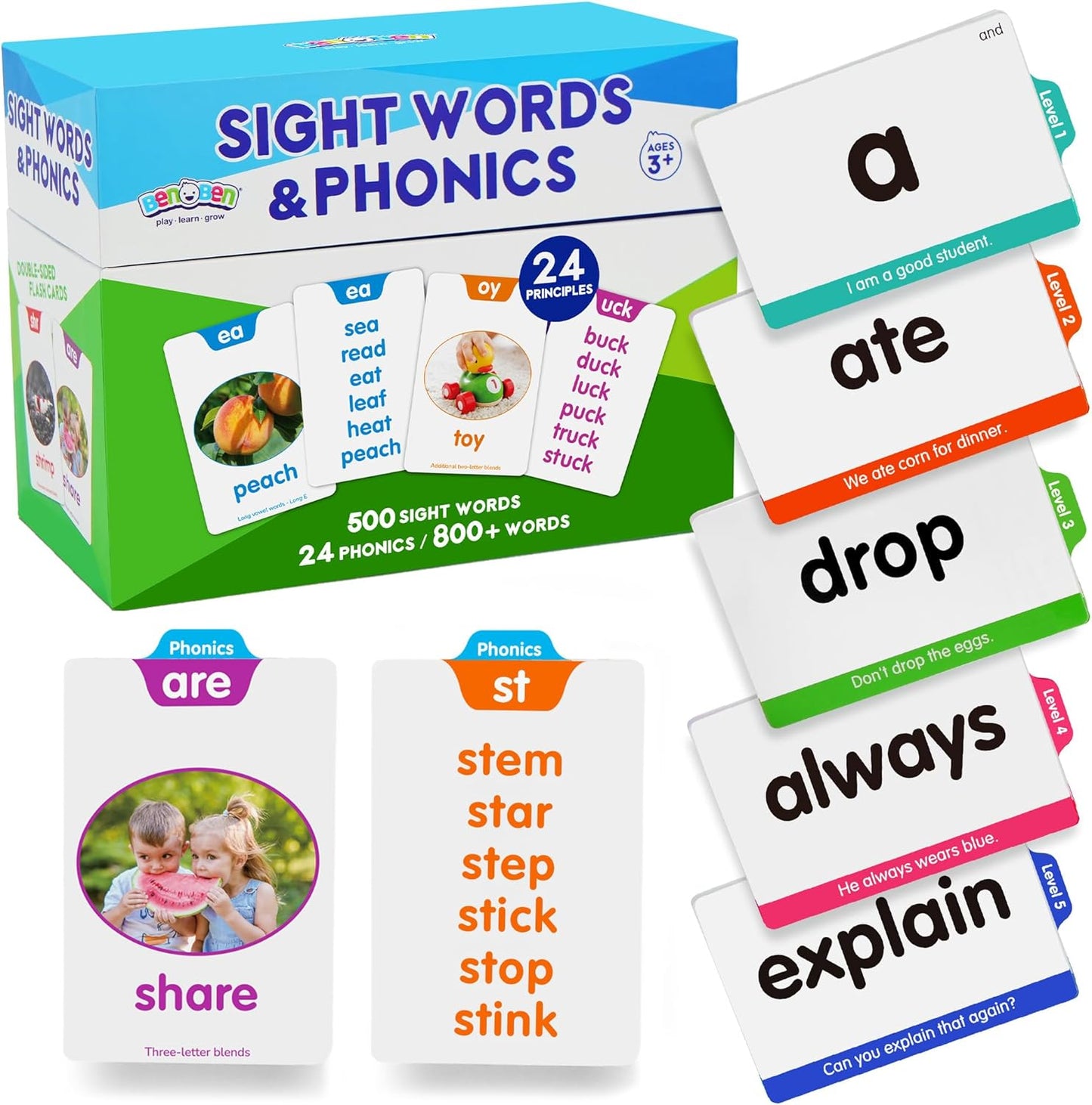 BenBen Sight Words & Phonics Flash Cards, 500 Sight Words & 24 Phonics, 800+ Words, Learn to Read Dolch & Fry High Frequency Site Words for Pre-k Kindergarten 1st 2nd 3rd Grade Kids Ages 3-9