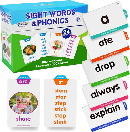 BenBen Sight Words & Phonics Flash Cards, 500 Sight Words & 24 Phonics, 800+ Words, Learn to Read Dolch & Fry High Frequency Site Words for Pre-k Kindergarten 1st 2nd 3rd Grade Kids Ages 3-9