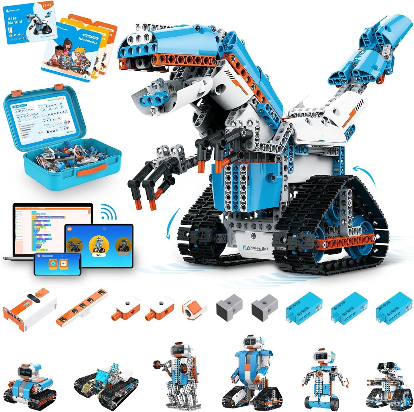 WhalesBot D1 21-in-1 STEM Coding Robot Kit for Kids (Ages 4+), 280+ Pieces Educational Building Set with APP-Controlled & Programming, 3D APP Guidance, Ideal Toy for Boys & Girls