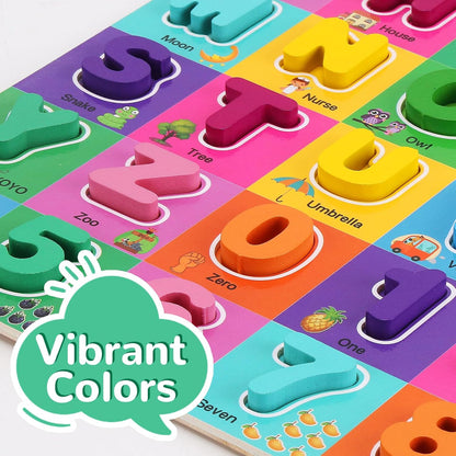 Alphabet Wooden Puzzles for Toddlers 3-5, Pack of 3 ABC, Number and Shape Puzzle, Preschool Educational Learning Toys with Puzzle Board & Letter Blocks for Girls Boys Ages 3 4 5 Years Old