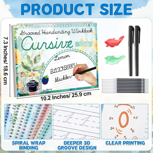 chiazllta 8 Pack Grooved Cursive Handwriting Workbook with Disappearing Ink Pens Magic Grooved Cursive Reusable Handwriting Practice Books Copybooks for Kids Beginners Learning Activities Supplies