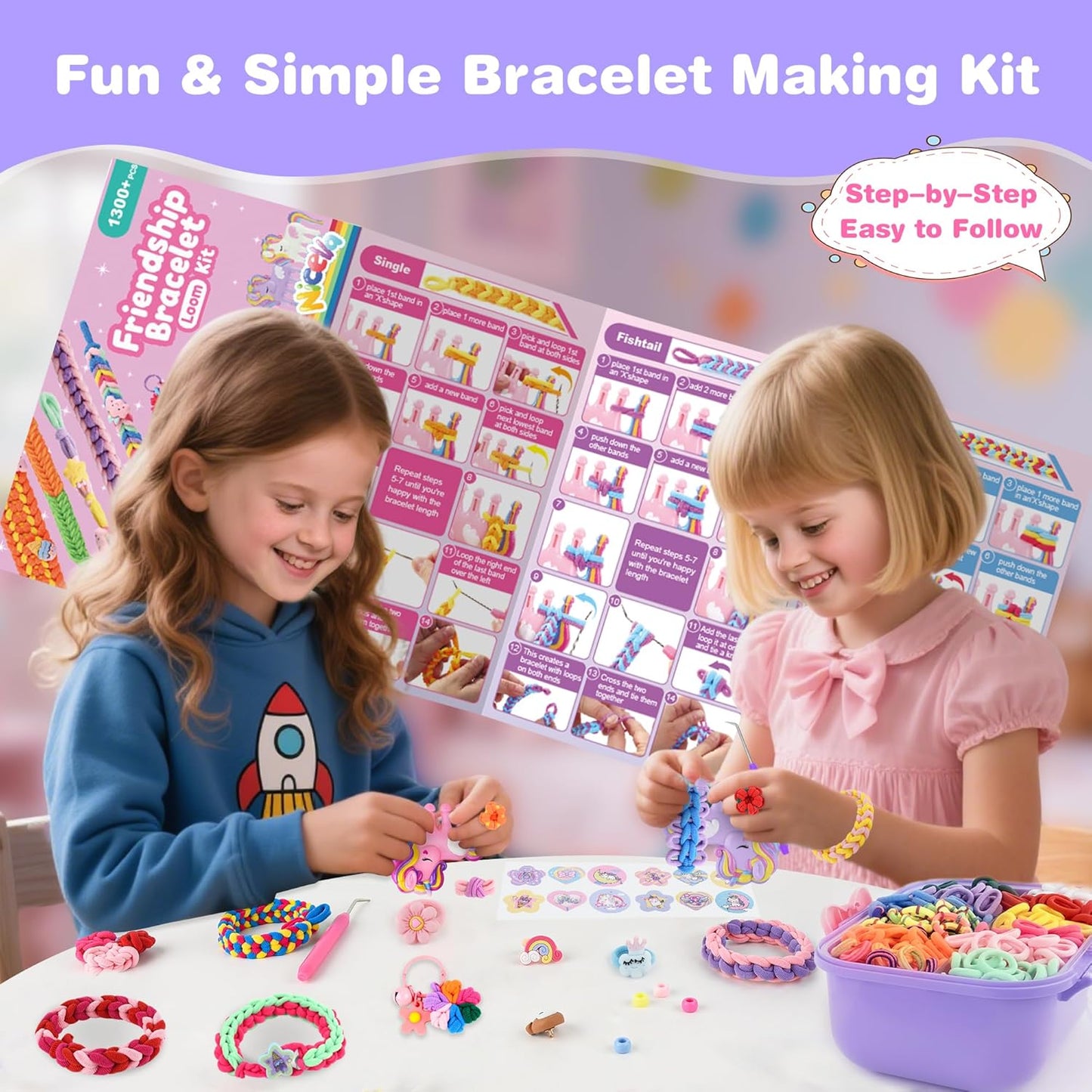 Rubber Band Bracelet Kit for Kids Girls Ages 6-12, 1300+ PCS DIY Craft Kits with 2 Weaving Comb & Organizer, Weaving Loom Kit Toys, Christmas Birthday Valentine Gifts for 7 8 9 10 11 12 Year Old