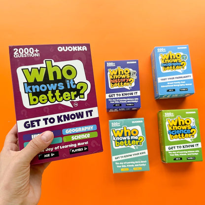 QUOKKA Board Games for Kids 8-12 and Family - Set of 4 Who Knows It Better? - 2000+ Questions Across Biology, Culture, STEM and Math - Educational Trivia Cards for Learning and Game Night