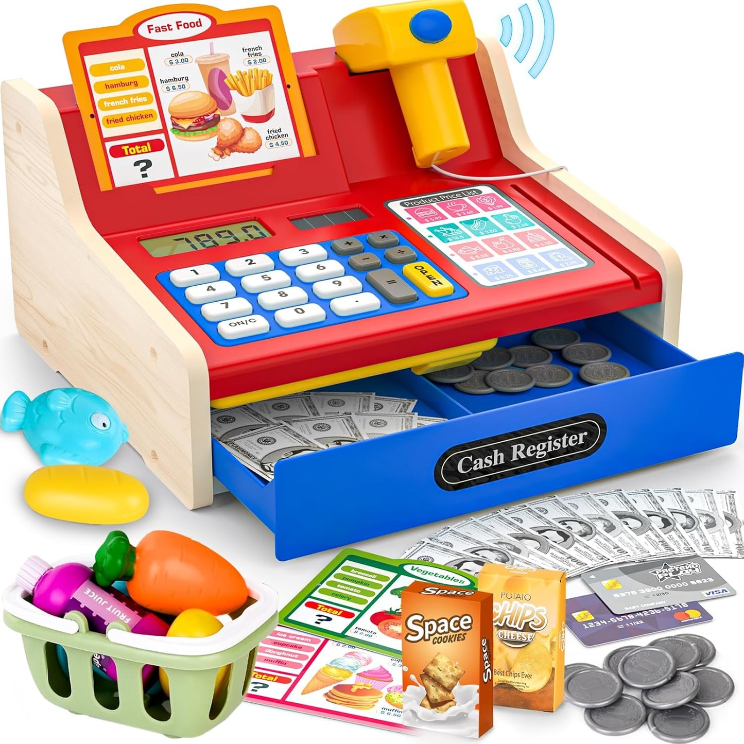 Kids Cash Register Toy Playset, Toddler Prentend Play Store with Real Calculator Cash Register with Scanner/Credit Card/Play Money/Food, Learning Toys for Boys Girls Toddlers(Pink)
