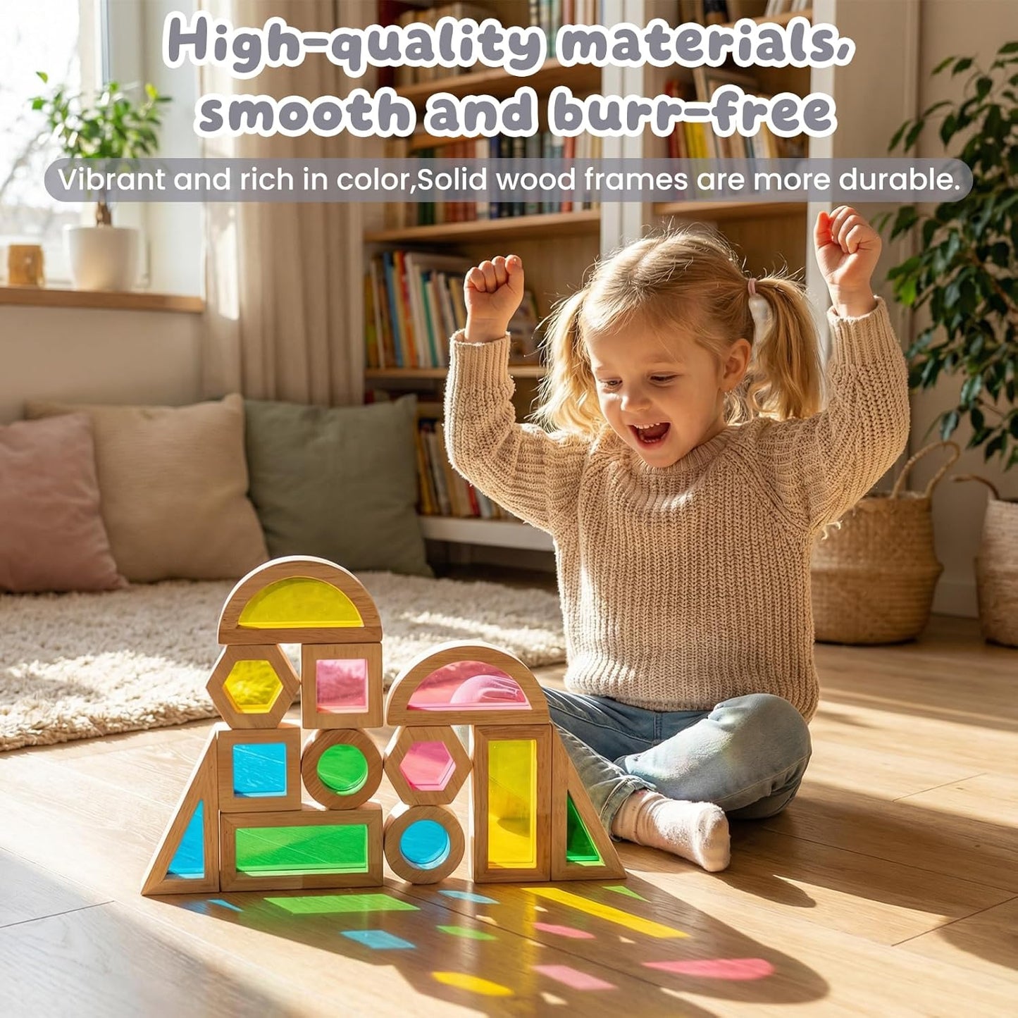 WOODENFUN Wood Building Blocks Set for Kids, 32 Pcs Rainbow Stacker Stacking Game Construction Toys Set Preschool Colorful Learning Educational Toys, Geometry Wooden Blocks for Boys Girls