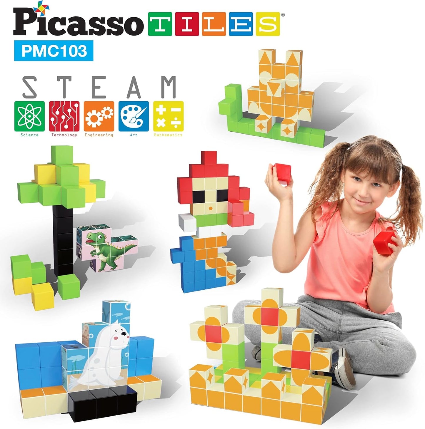 PicassoTiles 60pc Magnetic Puzzle Cube Building Set 1 Inch 3D Blocks STEM Construction Toy for Toddlers Kids Boys Girls Age 3+ Montessori Learning Travel Sensory Gift with Educational Idea Book PMC60