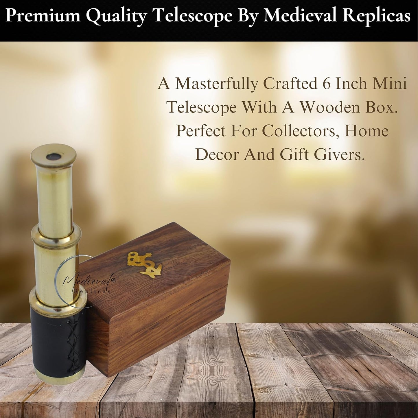6" inch Handheld Brass Telescope with Wooden Box - Pirate Navigation.
