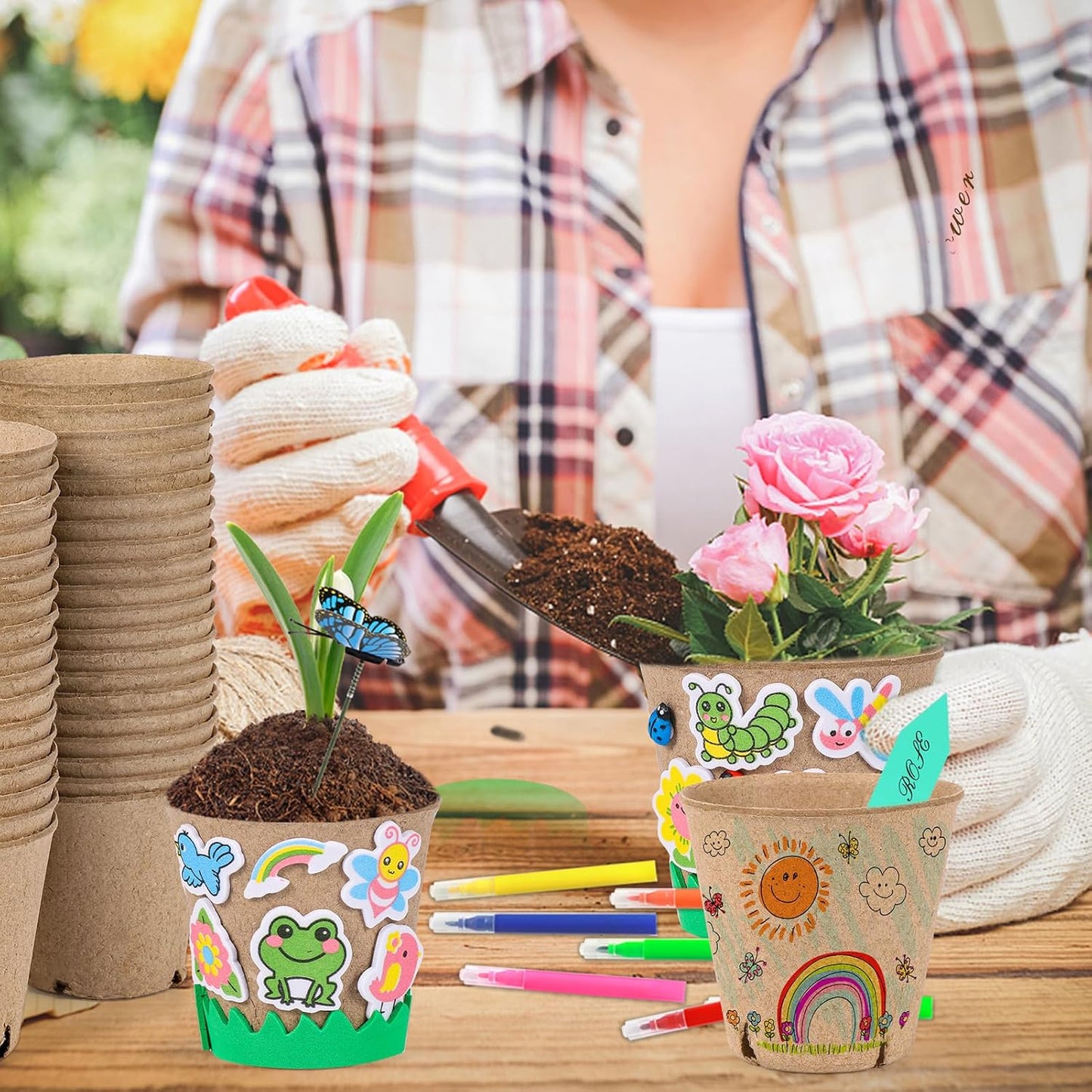 60 Pack Garden Paper Pot Craft Kit Flower Plant Spring Summer Craft with 50 Adhesive Foam Stickers 60 Paper Mache Pots Label Pens, Flower Planting Growing Kit Science Garden Gift for Mother Day
