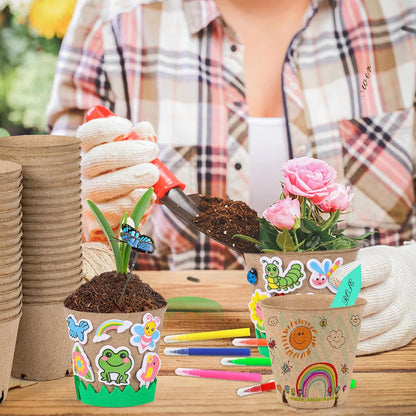 60 Pack Garden Paper Pot Craft Kit Flower Plant Spring Summer Craft with 50 Adhesive Foam Stickers 60 Paper Mache Pots Label Pens, Flower Planting Growing Kit Science Garden Gift for Mother Day