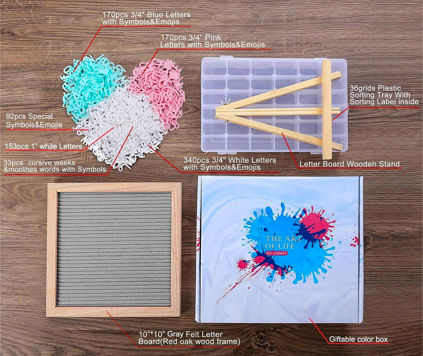 Felt Letter Board Message Board 10x10inch with Stand,Pre-cut&Sorted 805pcs White,Blue&Pink Changeable Letters+Weeks &Months Cursive Words,Word board Sign board with Sorting Tray&Gift Box(Gray)