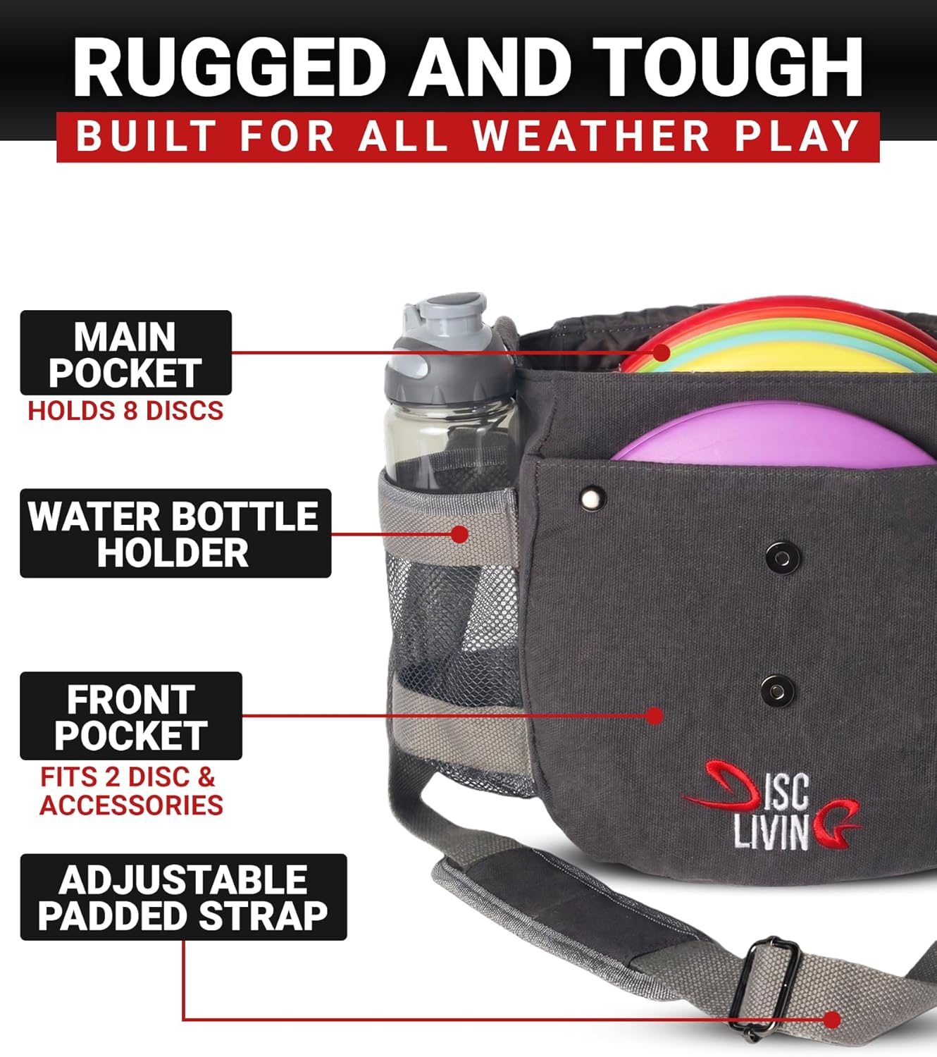 Disc Golf Bag | Frisbee Golf Bag | Easy to Carry | Lightweight Fits Up to 10 Discs | 16 oz Waxed Canvas Sturdy Design | Belt Loop | Double Button Design | Bottle Holder