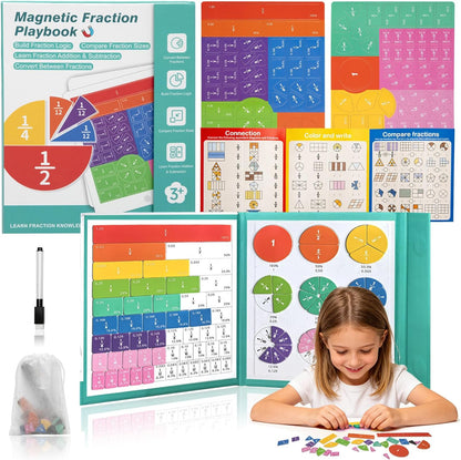 Magnetic Fraction Educational Puzzle for Kids – Fraction Manipulatives with Tiles & Circles, Montessori Magnetic Fraction Book for Elementary School, Visual Learning for Fractions Games