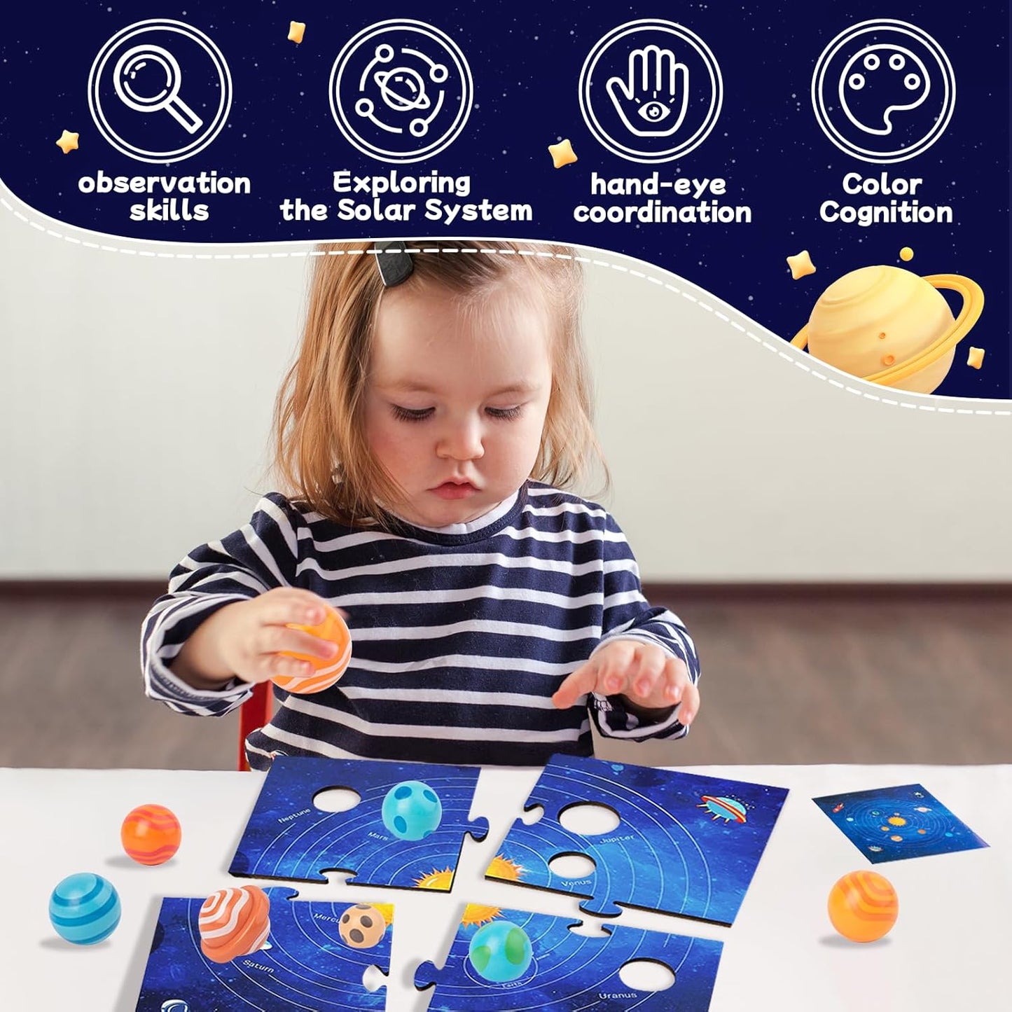 Adena Montessori Wooden Solar System Model Board, Puzzle with 3D Planets Models for 3-6 Year Old Kids, Preschool Science Toys, STEM Toys, Gift for Boys & Girls