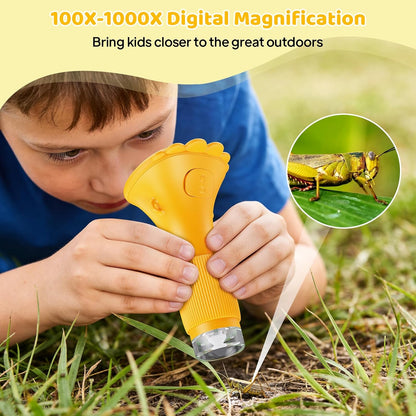 Kids Magnifying Glass, 2.0 Inch Digital Screen Mini Pocket Microscope for Bug - 200x Zoom Handheld Microscope with Adjustable Lights, Edu Birthday Gifts for Age 3-12 Girls