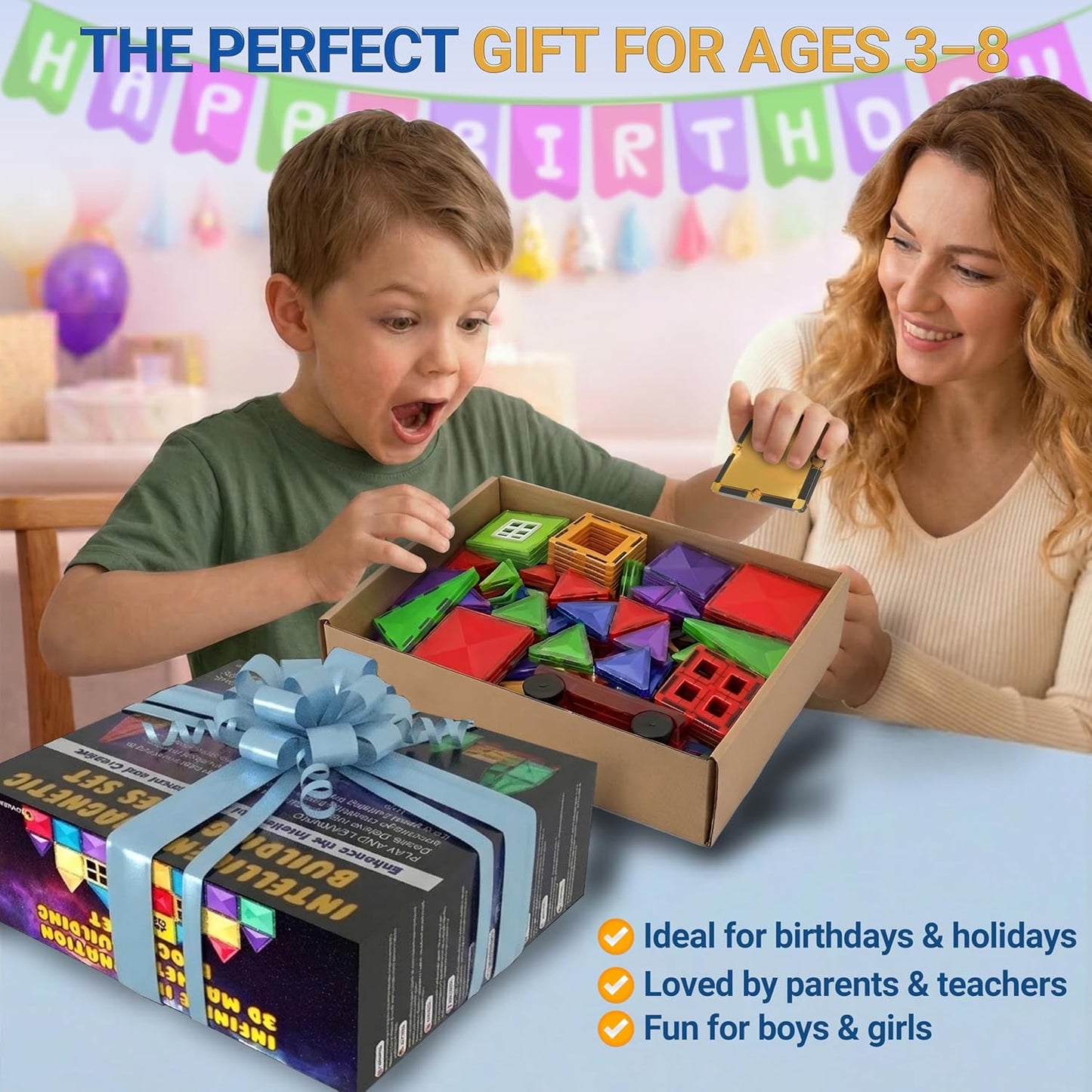 Magnetic Tiles Building Blocks Toy - STEM Educational Magnet Set for Kids, Creativity Preschool Learning Sensory Montessori Toddler Toys for Boys & Girls 3+ Years Old - 57PC